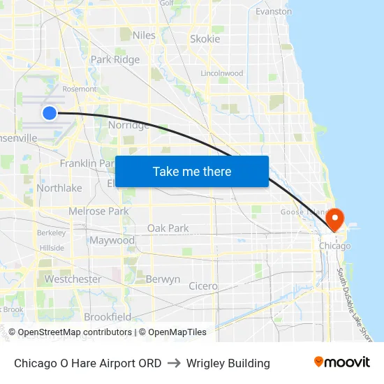 Chicago O Hare Airport ORD to Wrigley Building map