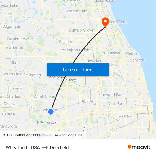 Wheaton IL USA to Deerfield map