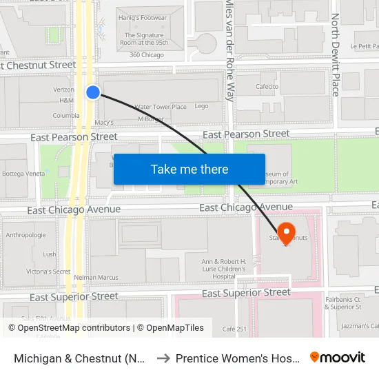 Michigan & Chestnut (North) to Prentice Women's Hospital map