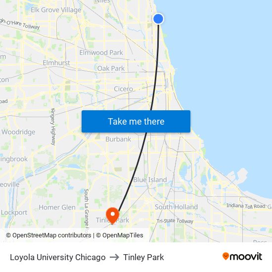 Loyola University Chicago to Tinley Park map