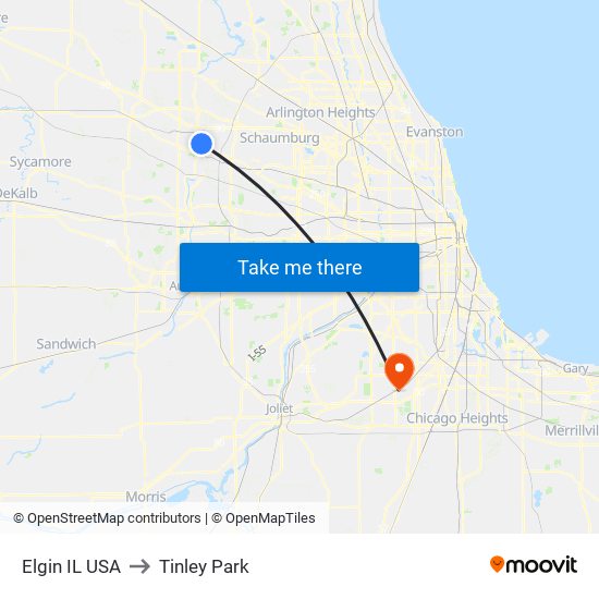 Elgin IL USA to Tinley Park map