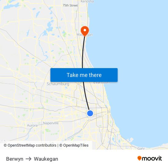 Berwyn to Waukegan map