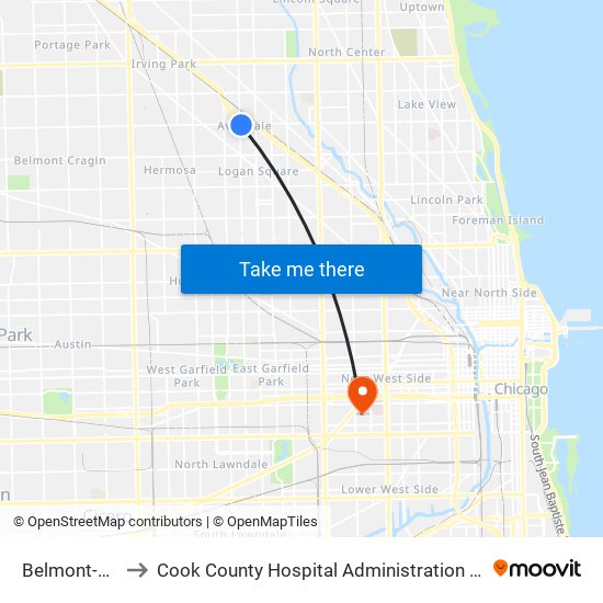 Belmont-Blue to Cook County Hospital Administration Building map