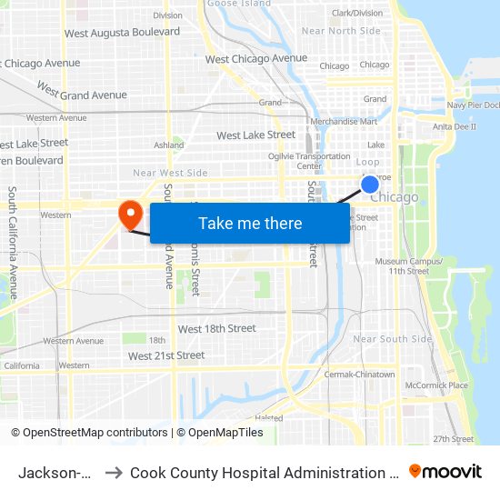 Jackson-Blue to Cook County Hospital Administration Building map