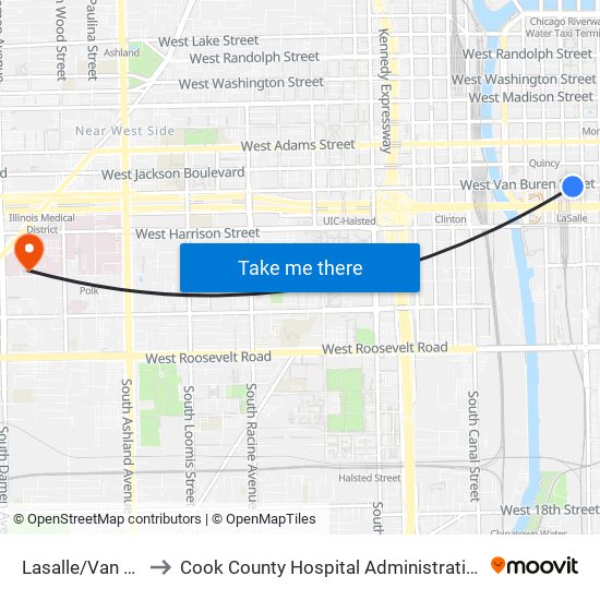 Lasalle/Van Buren to Cook County Hospital Administration Building map