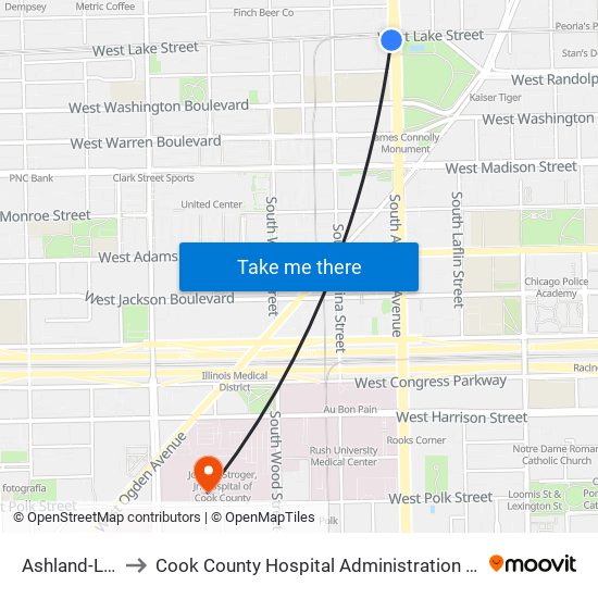 Ashland-Lake to Cook County Hospital Administration Building map