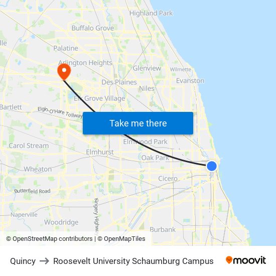 Quincy to Roosevelt University Schaumburg Campus map