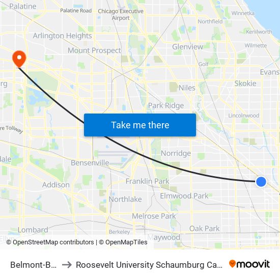 Belmont-Blue to Roosevelt University Schaumburg Campus map