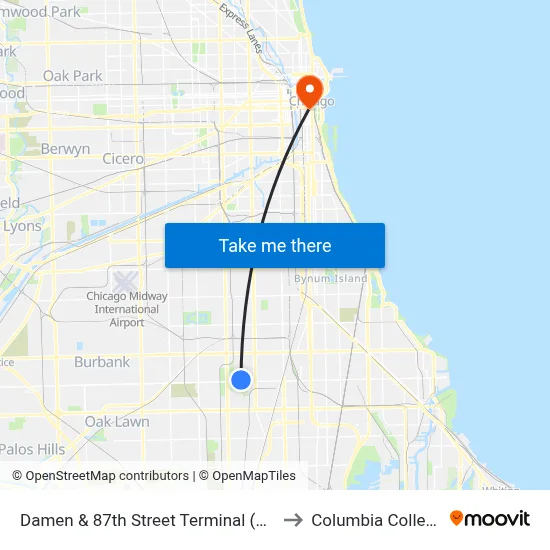 Damen & 87th Street Terminal (Se) to Columbia College map