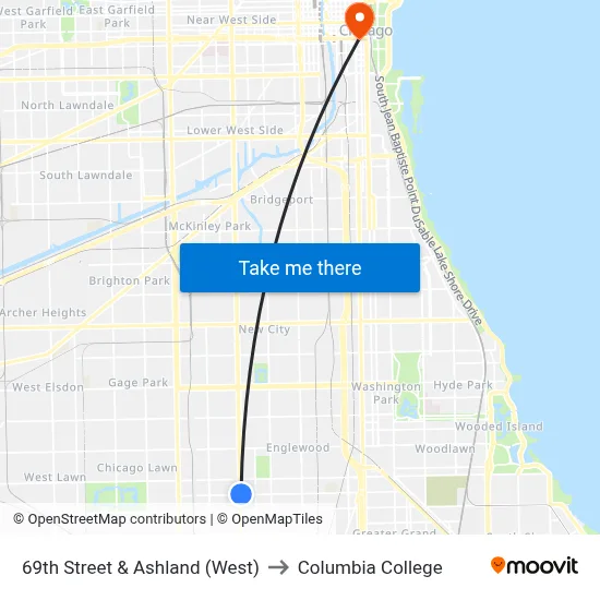 69th Street & Ashland (West) to Columbia College map
