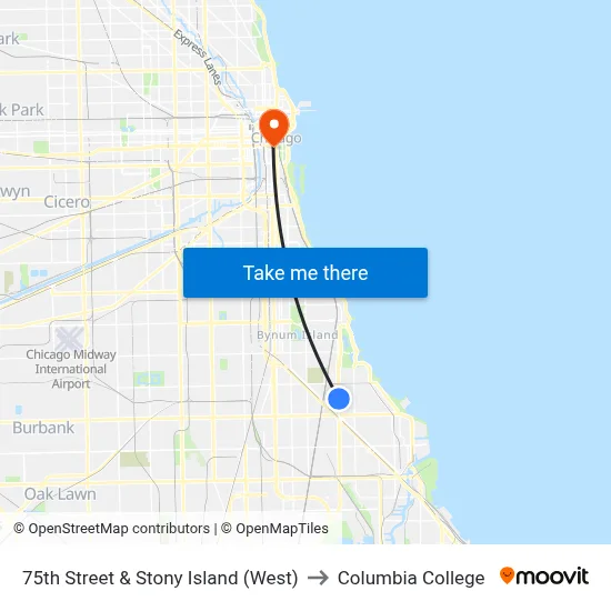 75th Street & Stony Island (West) to Columbia College map