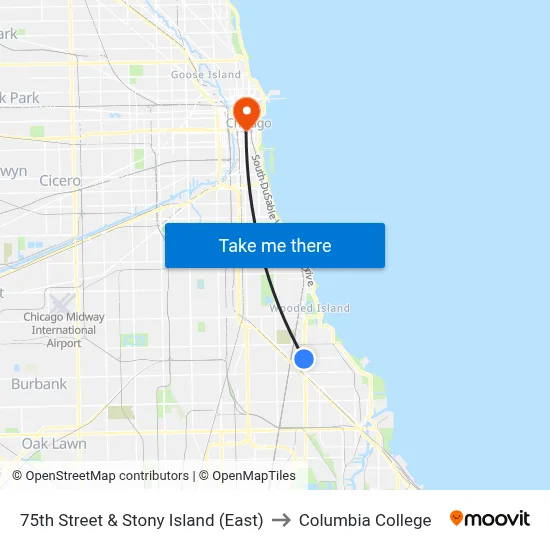 75th Street & Stony Island (East) to Columbia College map