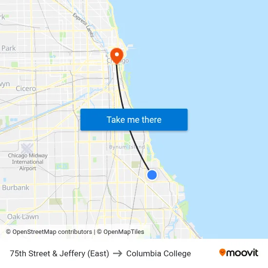 75th Street & Jeffery (East) to Columbia College map