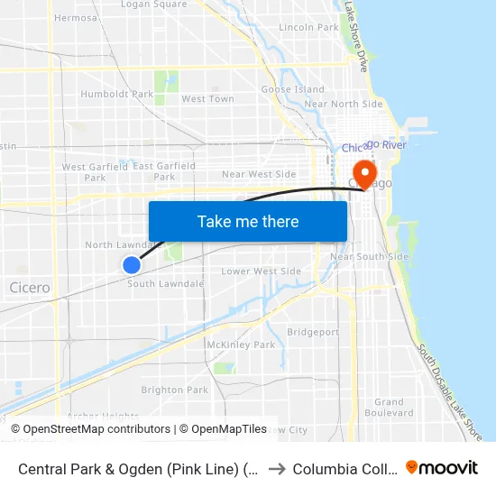 Central Park & Ogden (Pink Line) (South) to Columbia College map