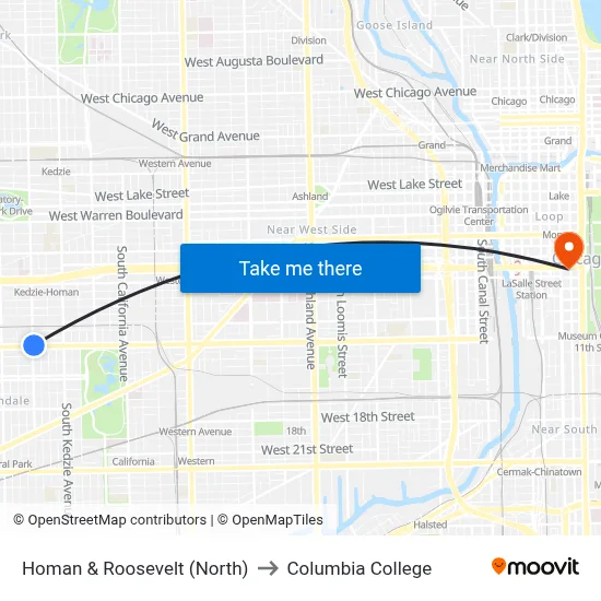 Homan & Roosevelt (North) to Columbia College map