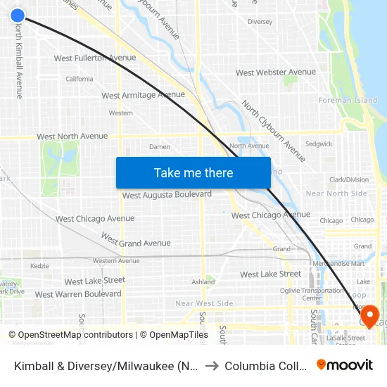 Kimball & Diversey/Milwaukee (North) to Columbia College map