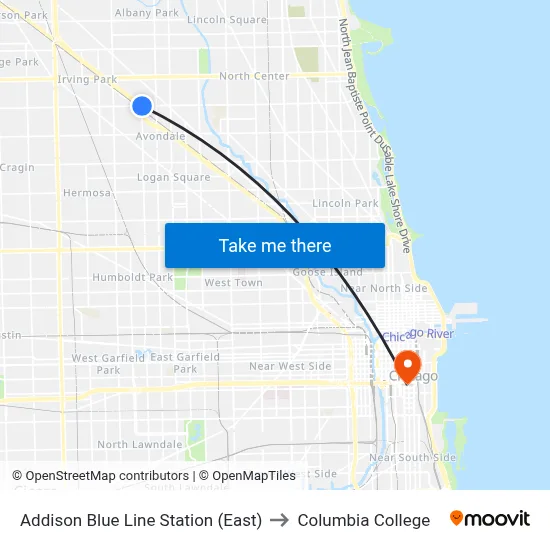 Addison Blue Line Station (East) to Columbia College map