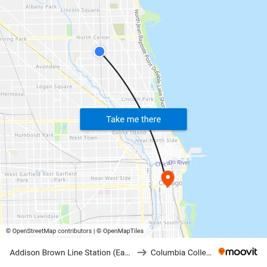 Addison Brown Line Station (East) to Columbia College map