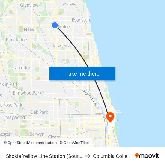 Skokie Yellow Line Station (South) to Columbia College map