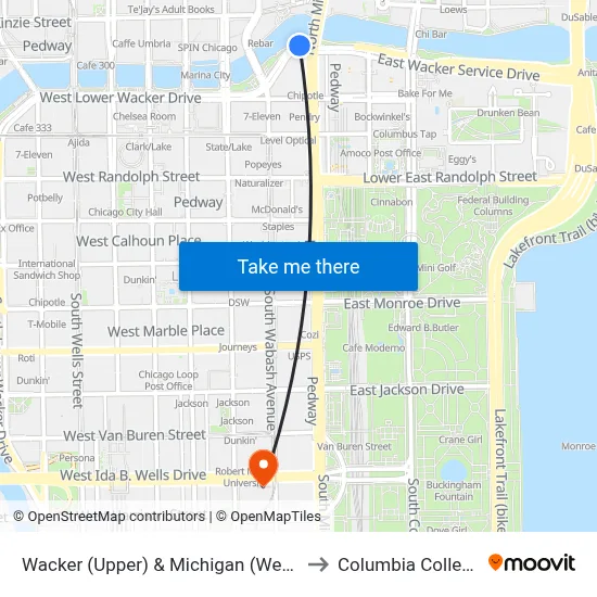 Wacker (Upper) & Michigan (West) to Columbia College map