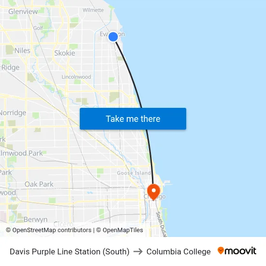 Davis Purple Line Station (South) to Columbia College map