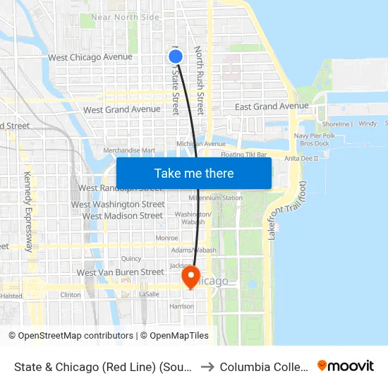 State & Chicago (Red Line) (South) to Columbia College map