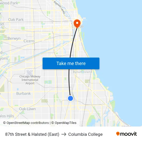 87th Street & Halsted (East) to Columbia College map