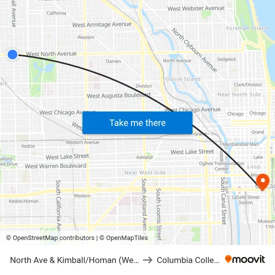 North Ave & Kimball/Homan (West) to Columbia College map