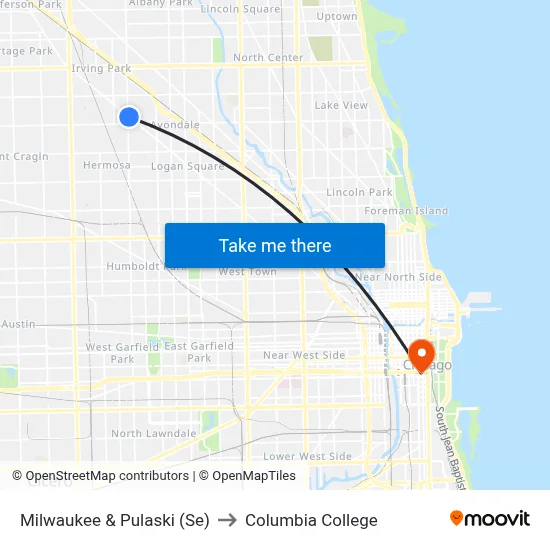 Milwaukee & Pulaski (Se) to Columbia College map
