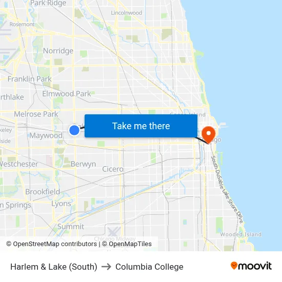 Harlem & Lake (South) to Columbia College map
