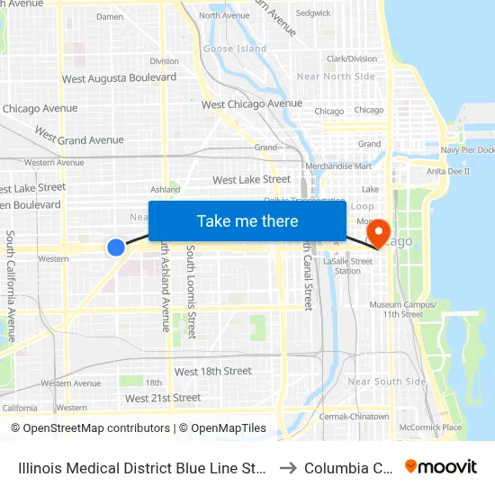 Illinois Medical District Blue Line Station (North) to Columbia College map