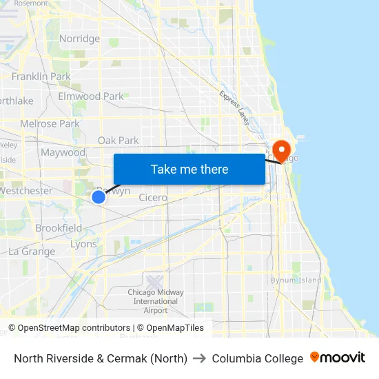 North Riverside & Cermak (North) to Columbia College map