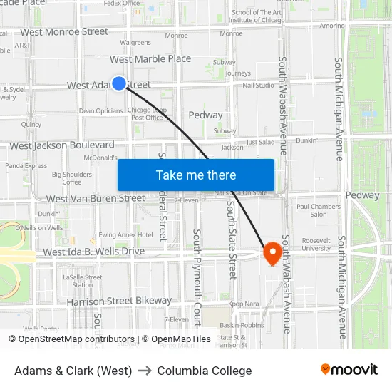 Adams & Clark (West) to Columbia College map
