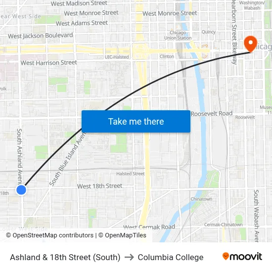 Ashland & 18th Street (South) to Columbia College map