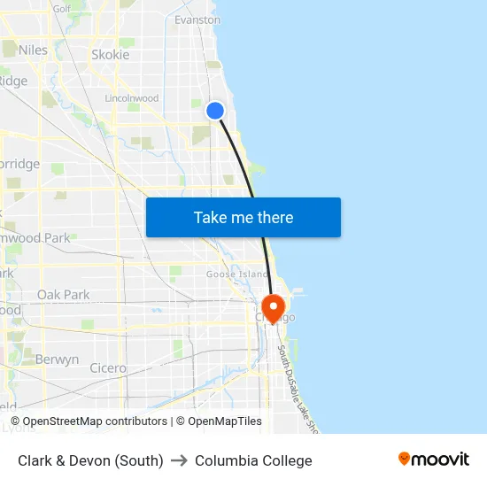 Clark & Devon (South) to Columbia College map