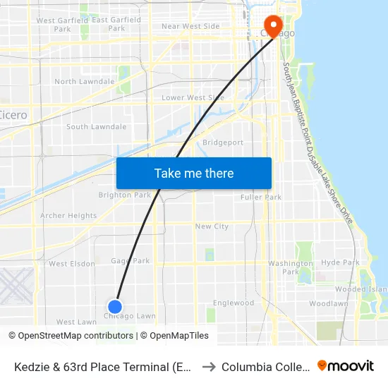 Kedzie & 63rd Place Terminal (East) to Columbia College map