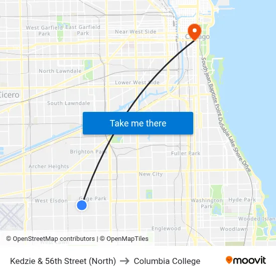 Kedzie & 56th Street (North) to Columbia College map