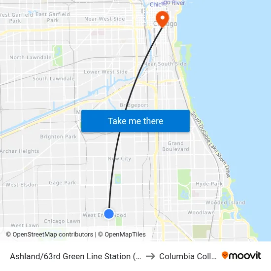 Ashland/63rd Green Line Station (West) to Columbia College map