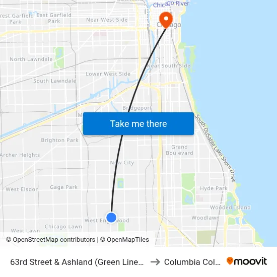 63rd Street & Ashland (Green Line) (East) to Columbia College map