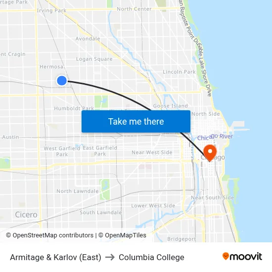 Armitage & Karlov (East) to Columbia College map