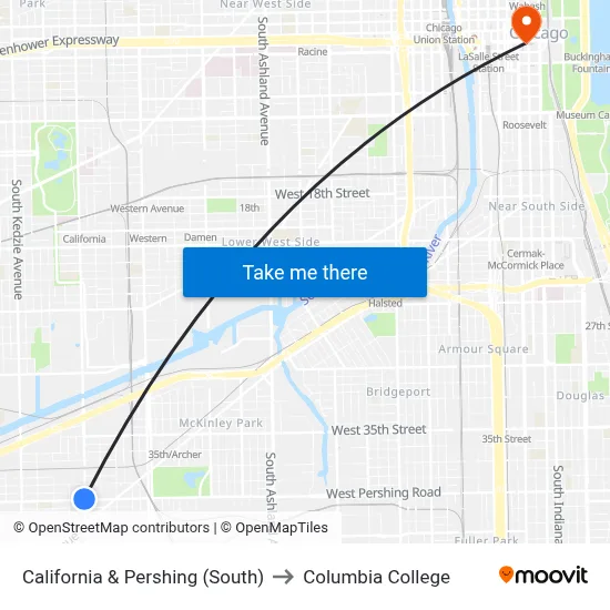 California & Pershing (South) to Columbia College map