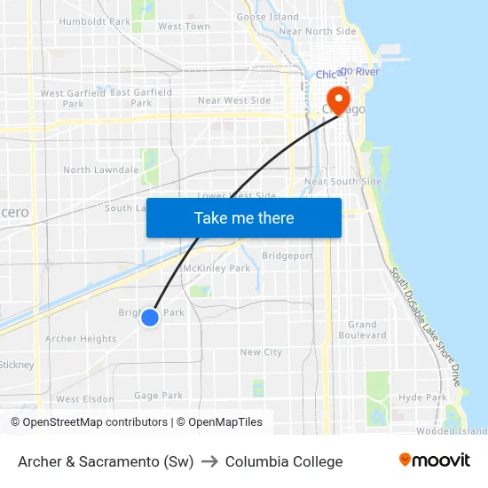 Archer & Sacramento (Sw) to Columbia College map
