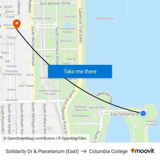 Solidarity Dr & Planetarium (East) to Columbia College map