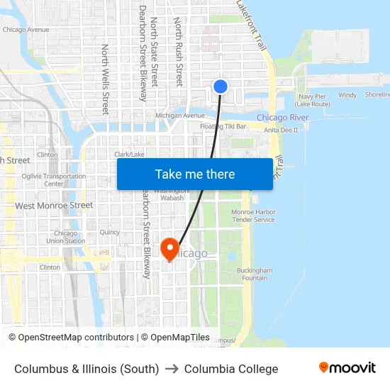 Columbus & Illinois (South) to Columbia College map