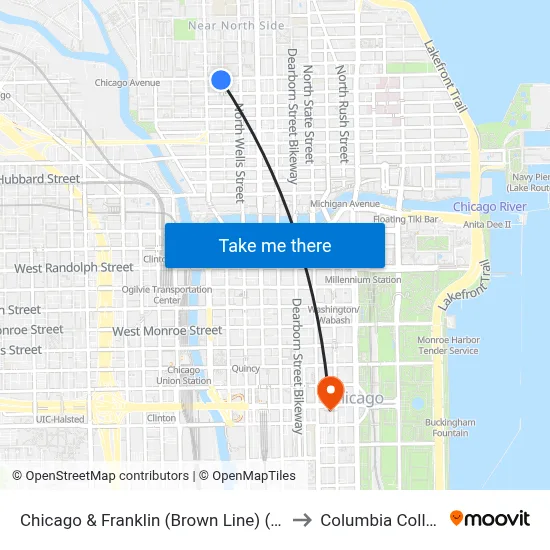 Chicago & Franklin (Brown Line) (East) to Columbia College map