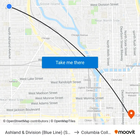 Ashland & Division (Blue Line) (South) to Columbia College map