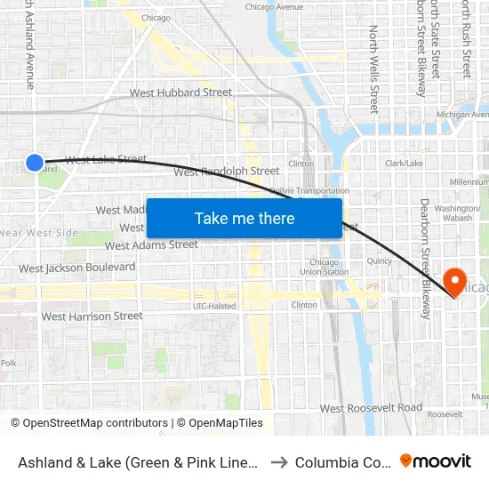 Ashland & Lake (Green & Pink Lines) (South) to Columbia College map