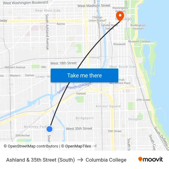 Ashland & 35th Street (South) to Columbia College map