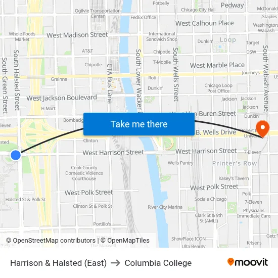 Harrison & Halsted (East) to Columbia College map