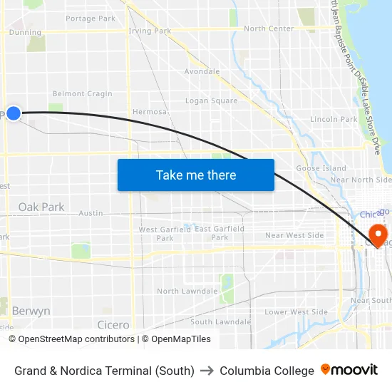 Grand & Nordica Terminal (South) to Columbia College map